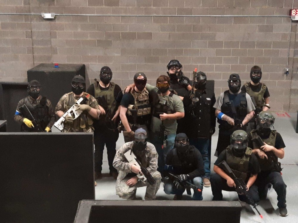 Large group of airsoft players in full tactical gear at ATR