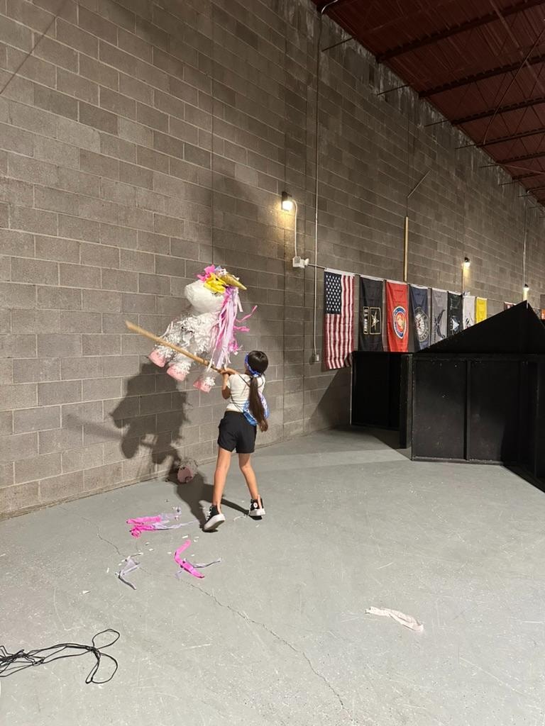 Kids with Nerf blasters at Malia's birthday party at Alamogordo Tactical Range